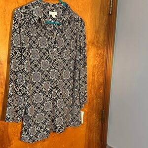 Charter Club Black and White Geometric partial Button Down Shirt